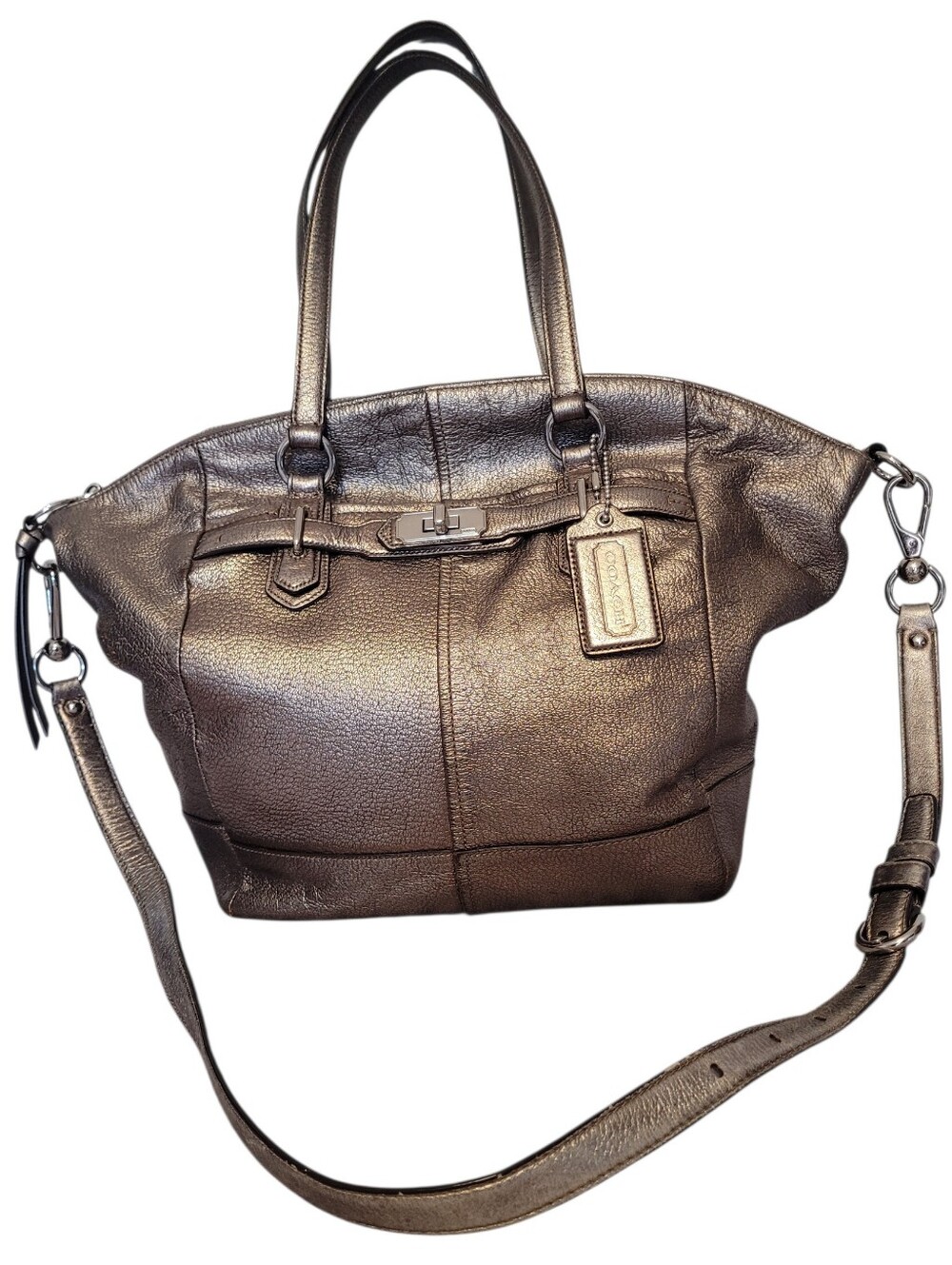 Vintage Coach Bronze Metallic Leather Buckle Shoulder Bag Purse Top Handles Chic
